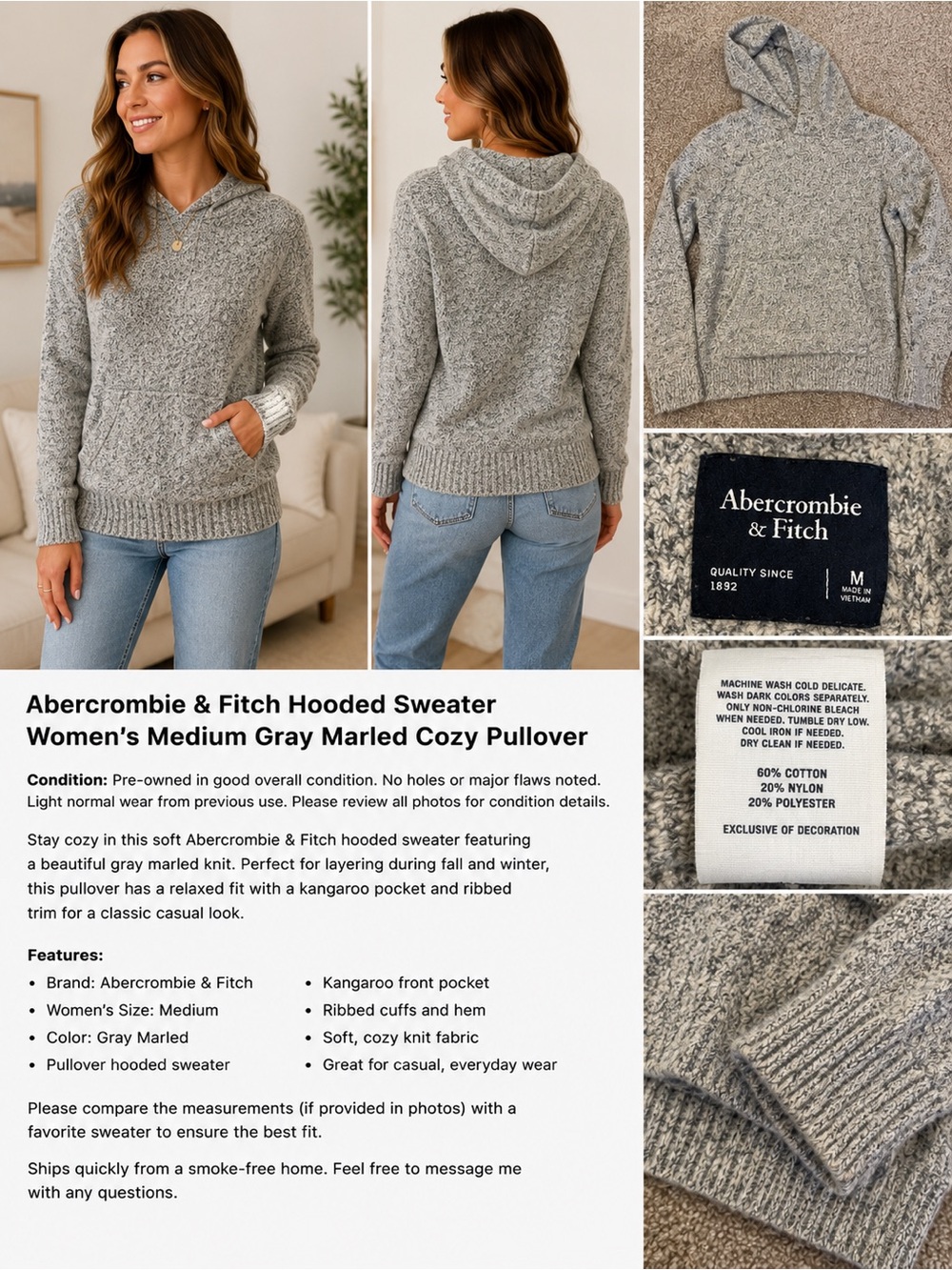 Abercrombie & Fitch Gray Marled Hooded Pullover Sweater